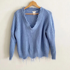 Main strip purple/blue distressed v-neck sweater size large